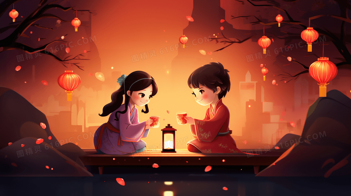 中国风放花灯祈福的少年插画