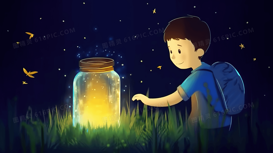 唯美夏日萤火虫和男孩插画