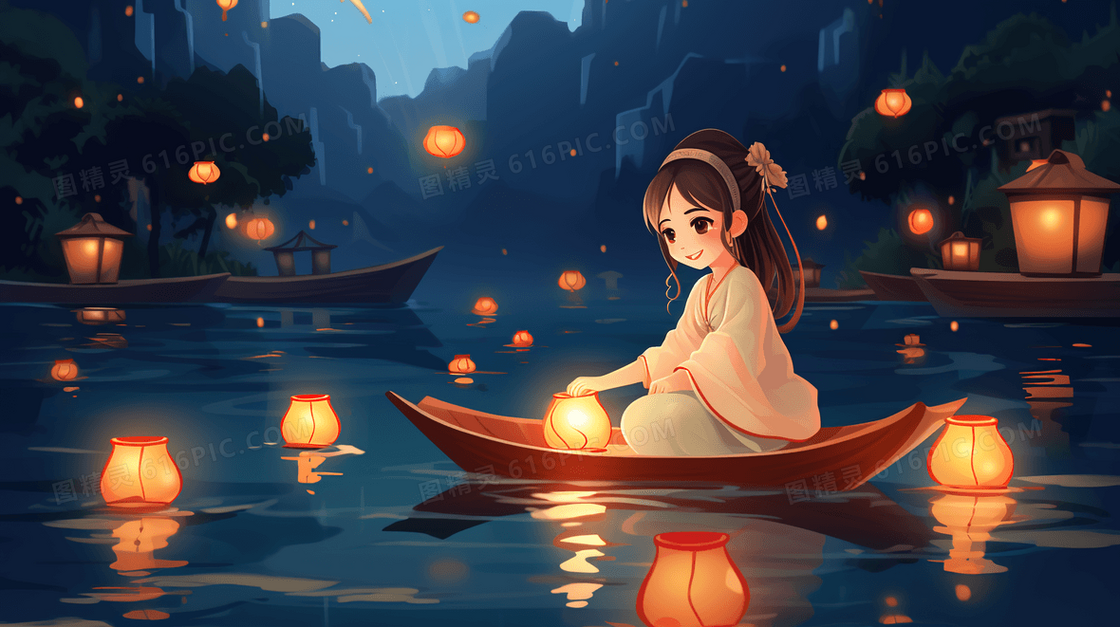 小船上放花灯祈福的少女插画