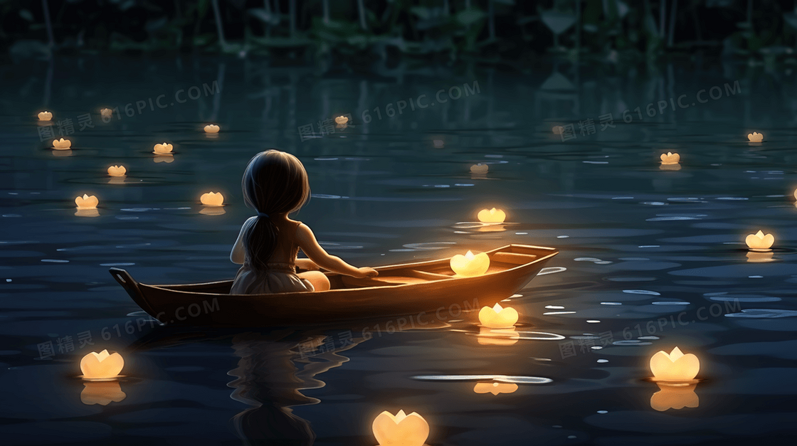 中元节坐在小船上放花灯的小女孩插画