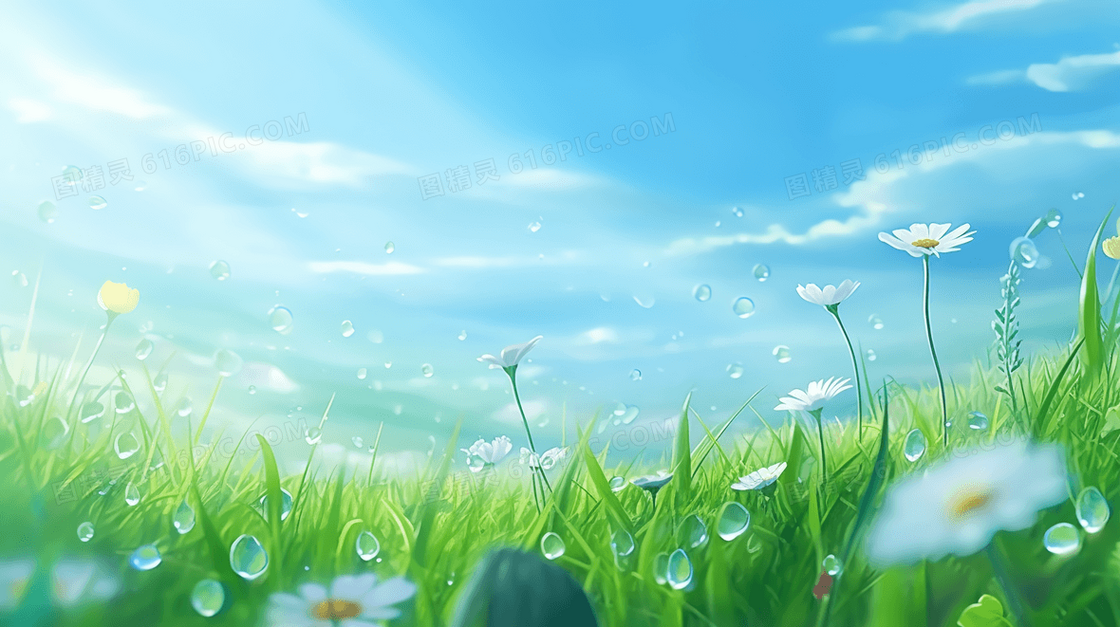 唯美夏日植物上的水滴风景插画