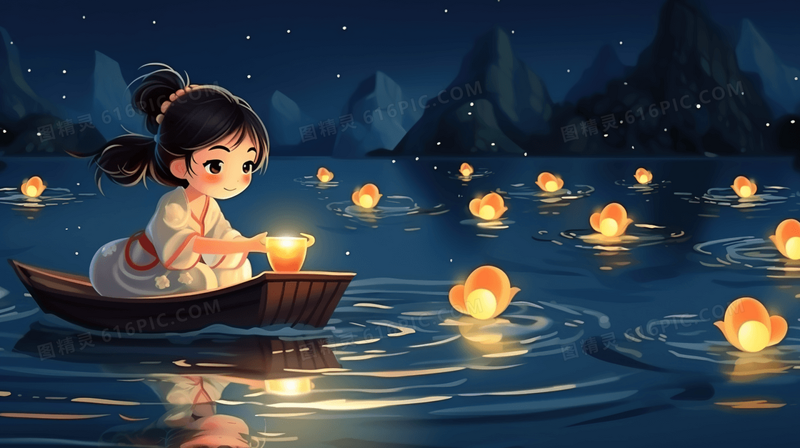 小船上放花灯祈福的少女插画