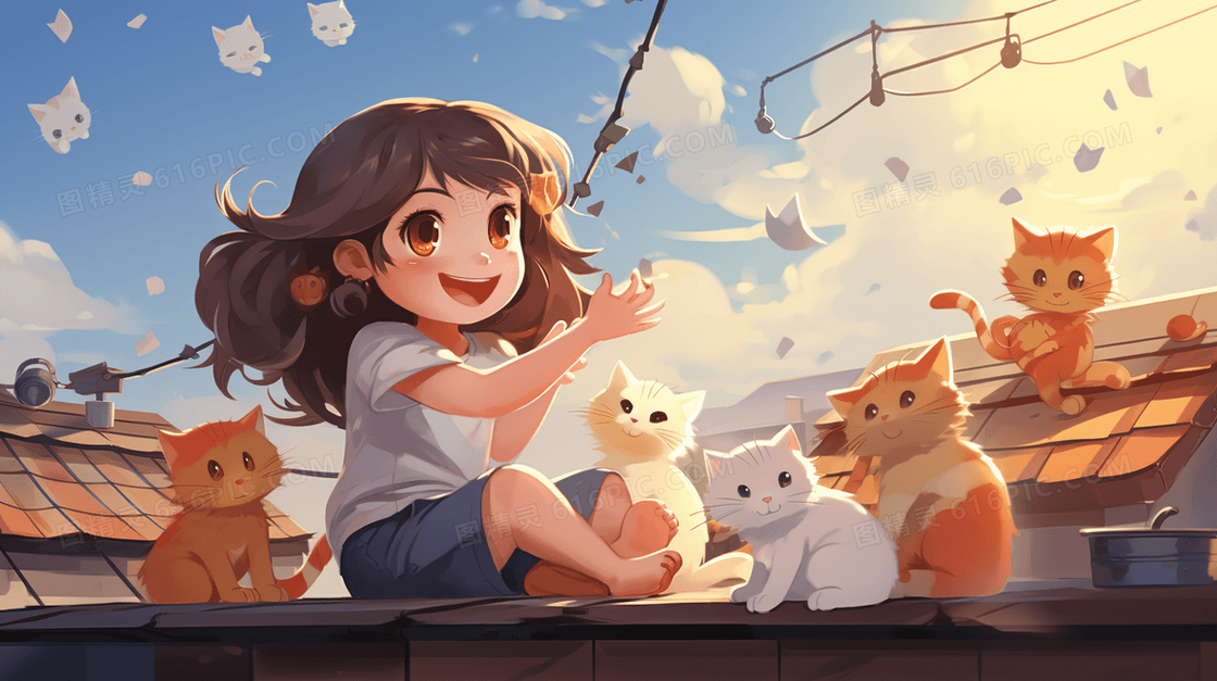 坐在屋顶和猫咪玩耍的女孩插画