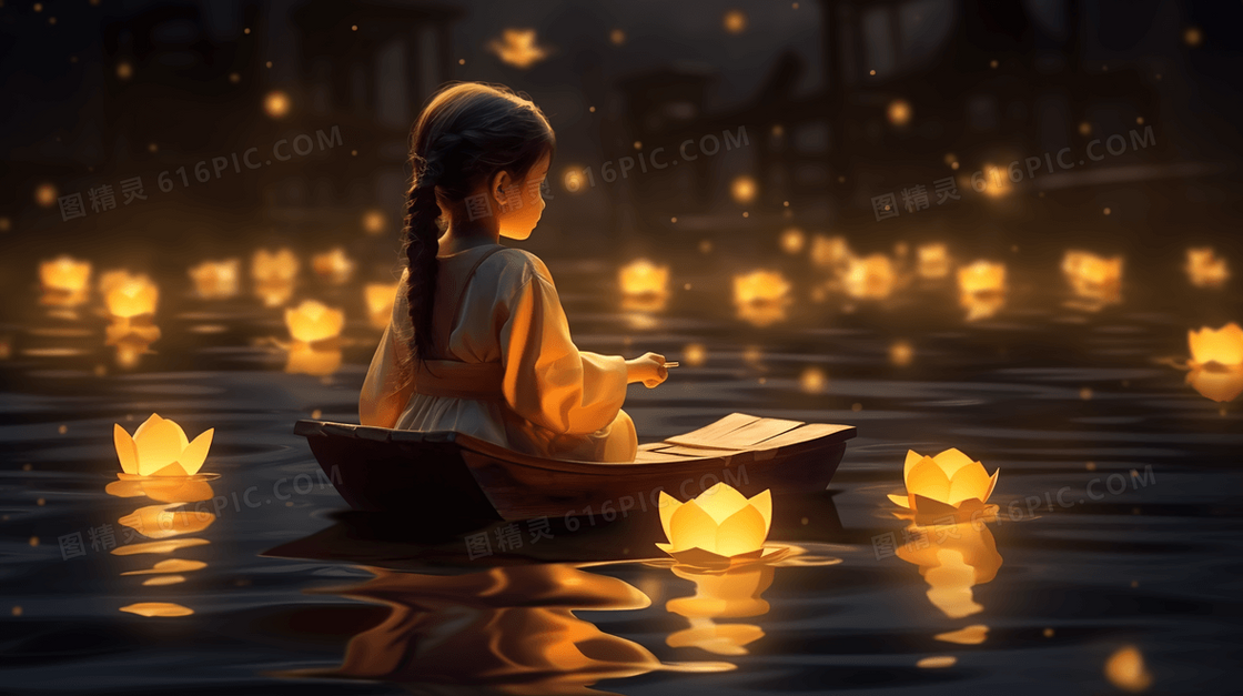 中元节坐在小船上放花灯的小女孩插画