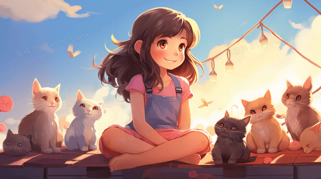坐在屋顶和猫咪玩耍的女孩插画