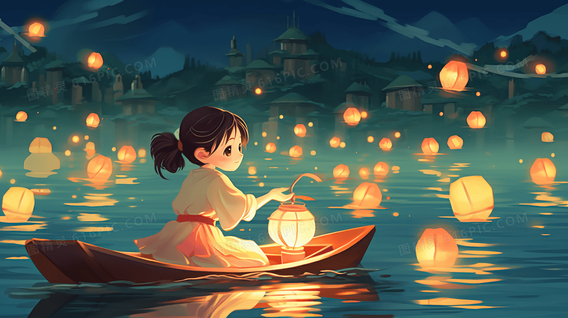 小船上放花灯祈福的女孩插画