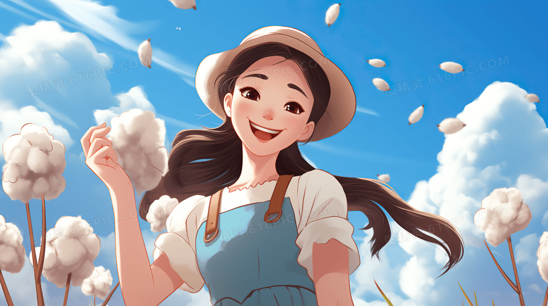 棉花丛中微笑的少女插画