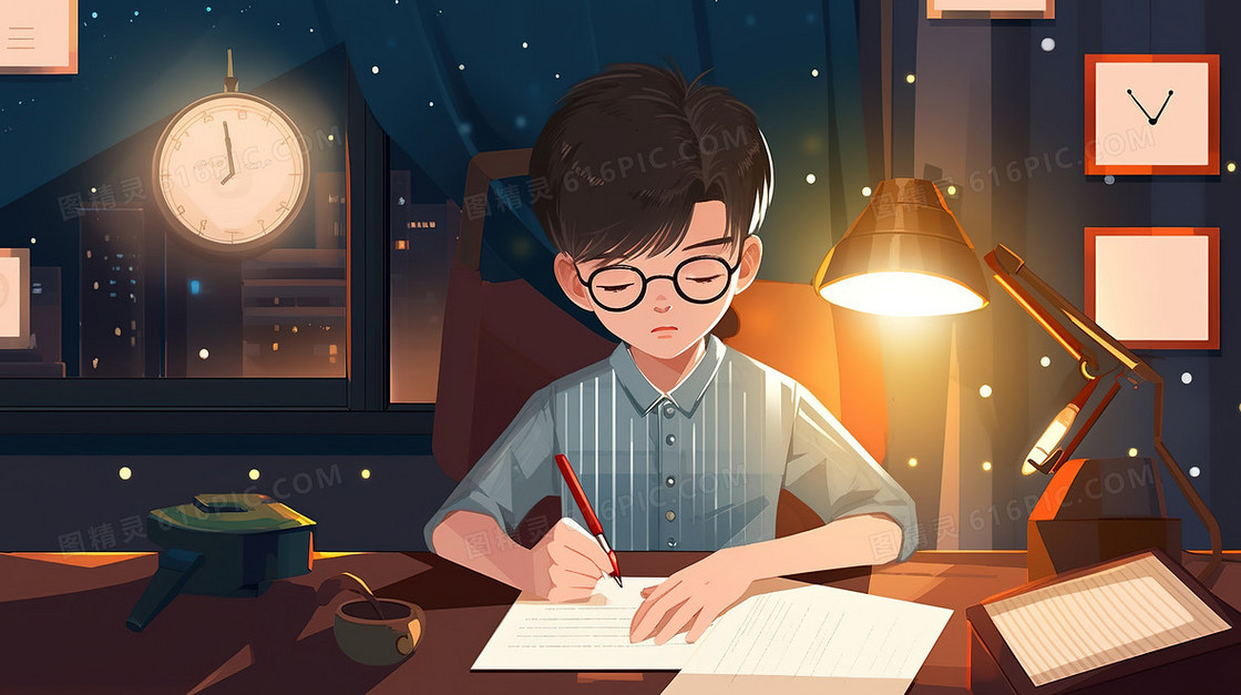 迎接考试熬夜做作业的小男孩插画