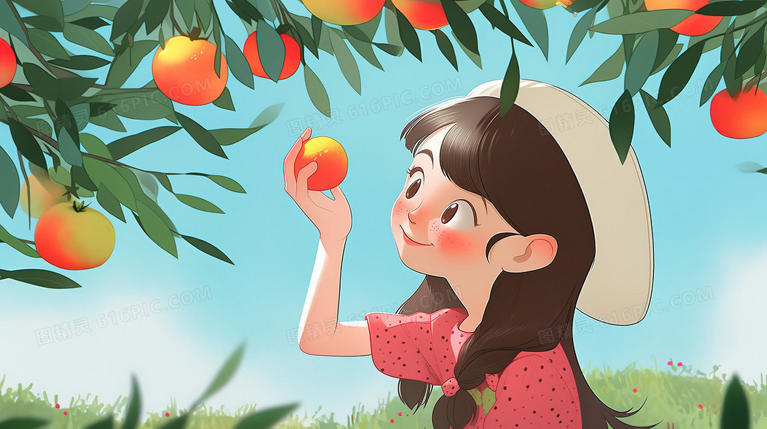 秋分节气摘水果的小女孩插画