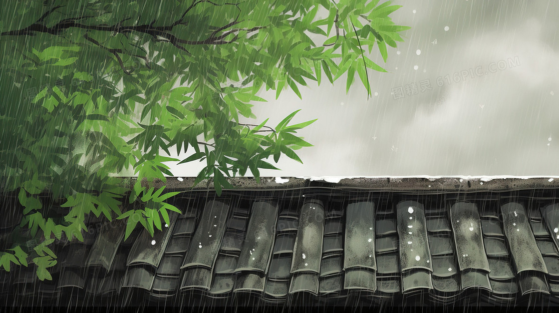 夏天雨中的屋檐创意插画