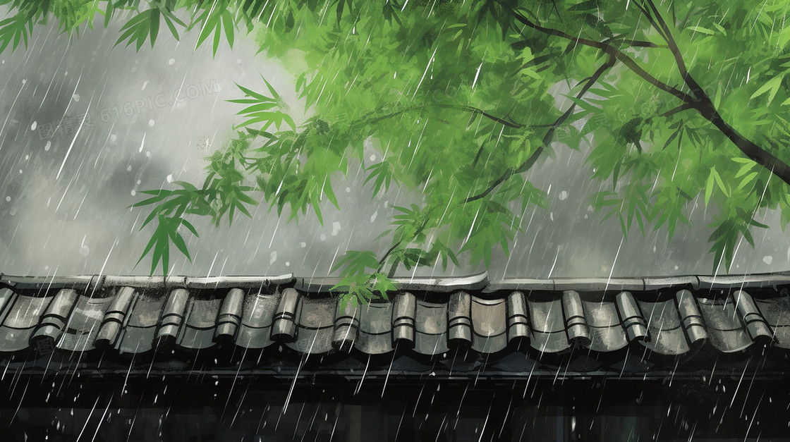 夏天雨中的屋檐创意插画