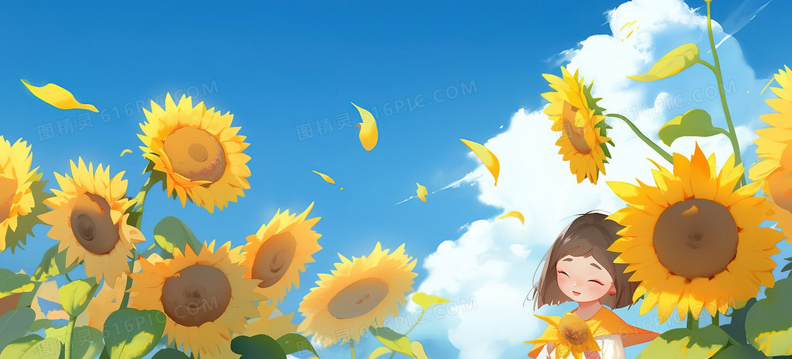 立夏节气向日葵女孩创意插画