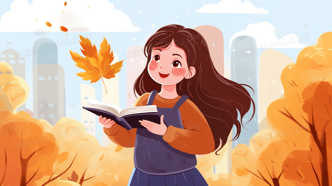 秋天枫树下拿着课本的女孩插画