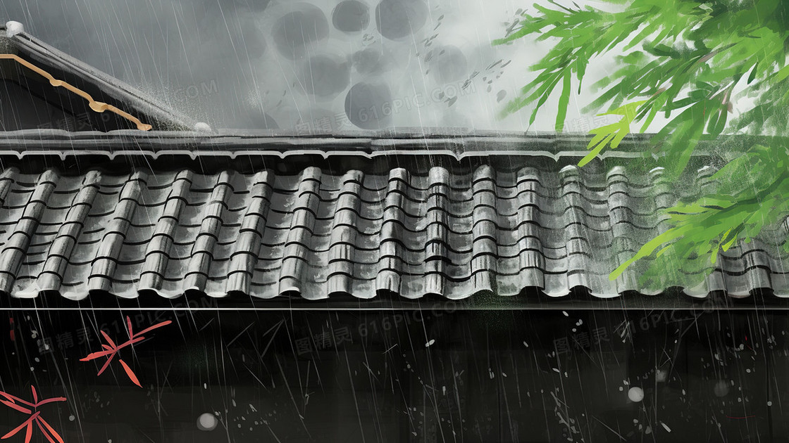 夏天雨中的屋檐创意插画