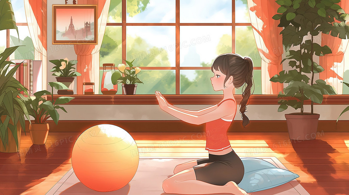 房间内练瑜伽的女孩插画