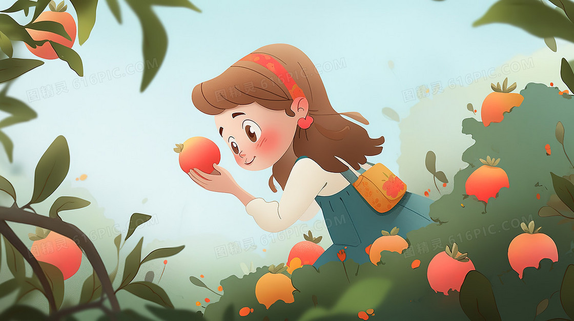 秋分节气摘水果的小女孩插画