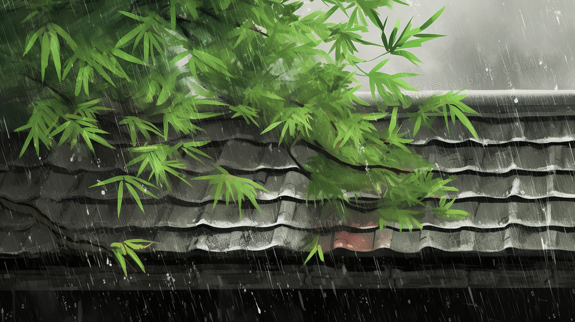 夏天雨中的屋檐创意插画