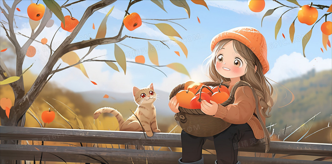 摘柿子的小女孩和猫咪插画
