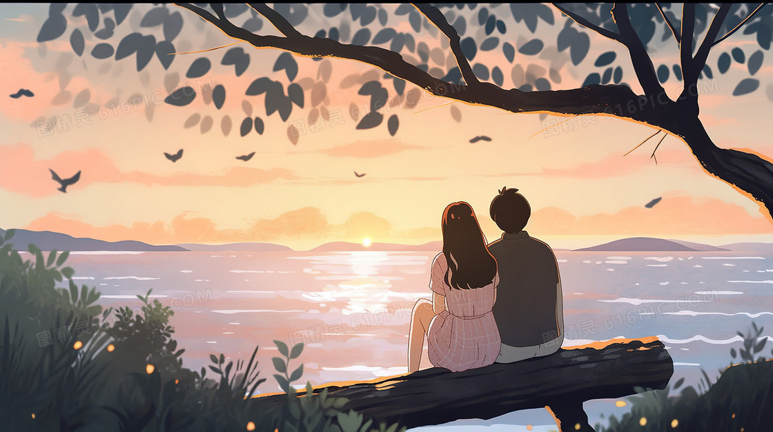 傍晚时分海边看落日的情侣插画