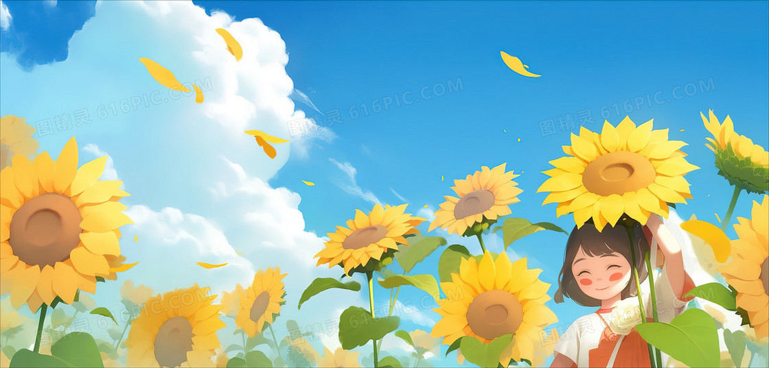 立夏节气向日葵女孩创意插画