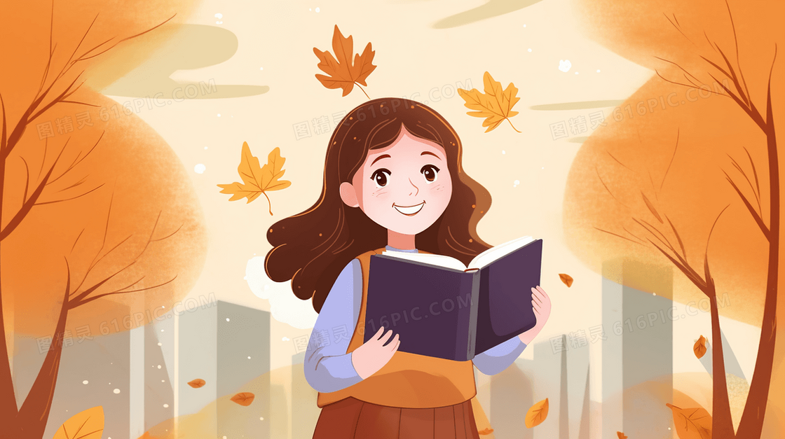 秋天枫树下拿着课本的女孩插画