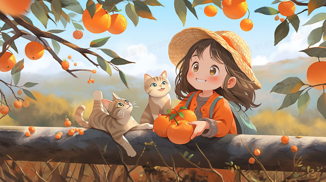 摘柿子的小女孩和猫咪插画