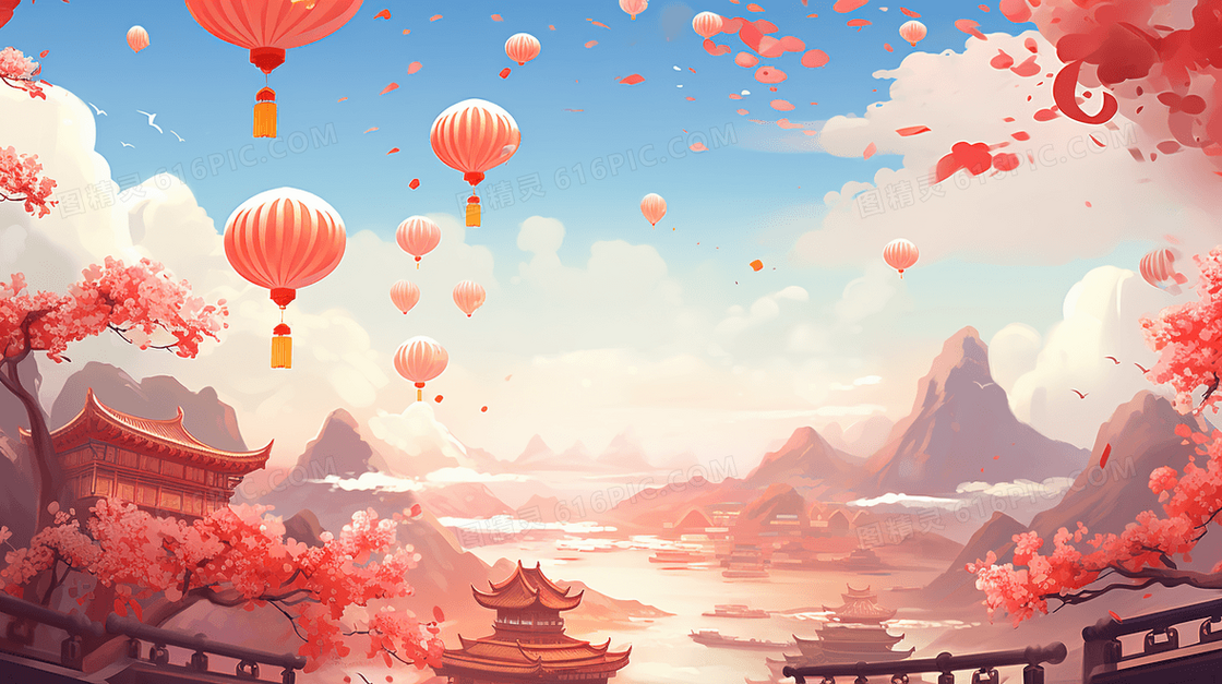 红色古典中国风建筑风景插画