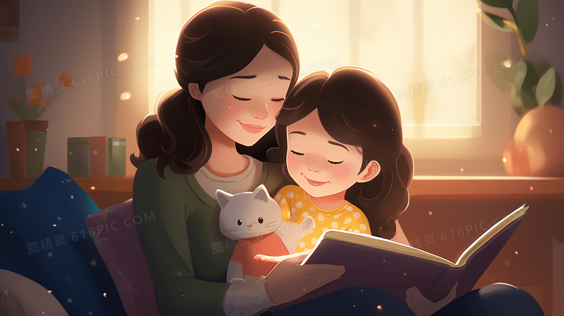 妈妈给孩子讲故事温馨插画