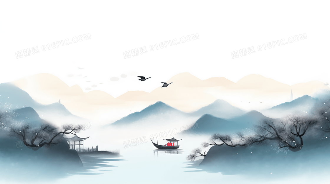 中国风江上泛舟山水水墨风景插画