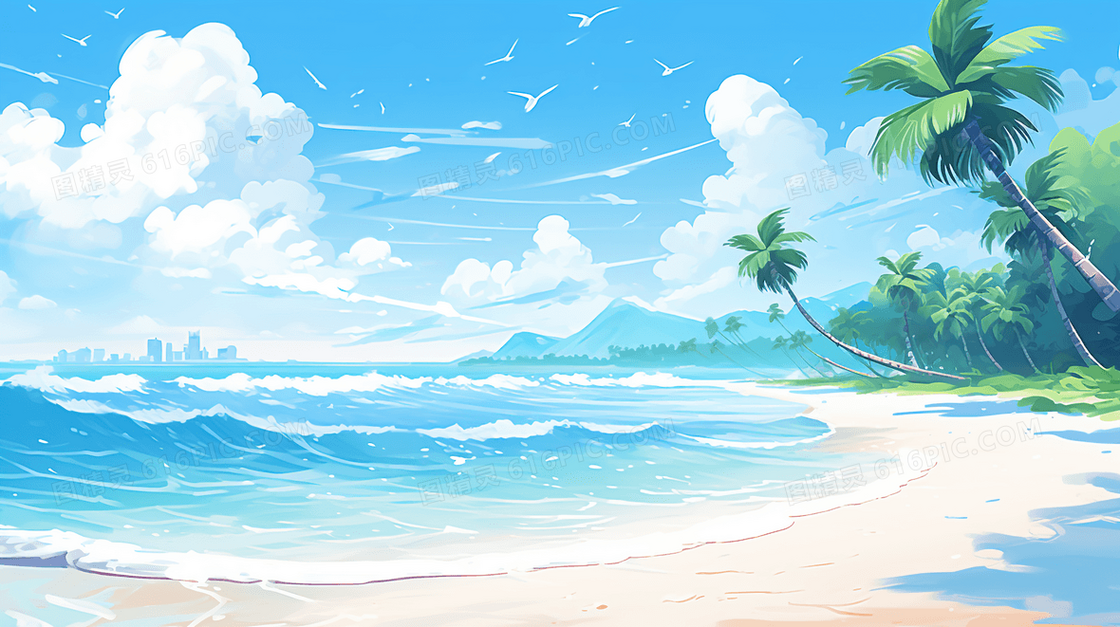 蓝色海洋阳光海滩风景插画