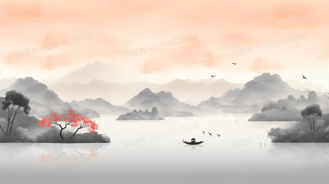 中国风江上泛舟山水水墨风景插画