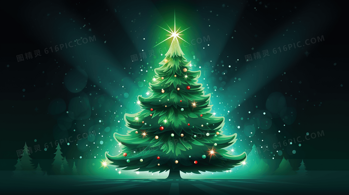 夜晚星空下发光的圣诞树插画