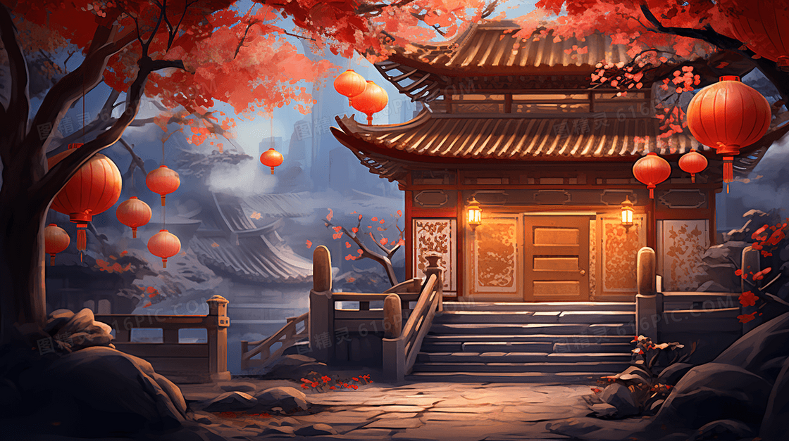 红色古典中国风建筑风景插画