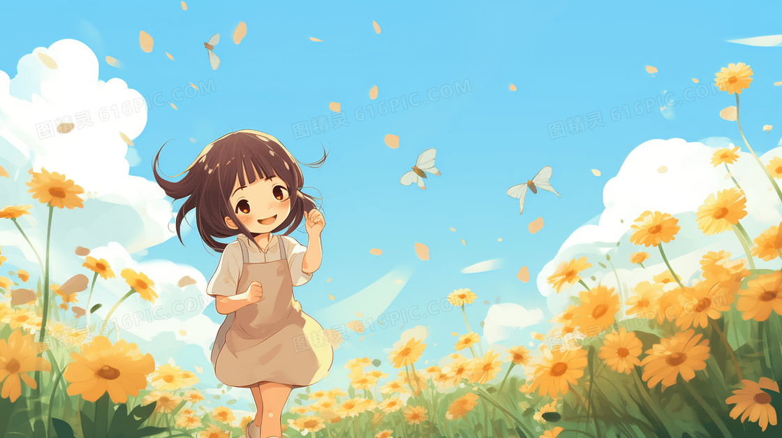 在花丛中快乐玩耍的小女孩插画