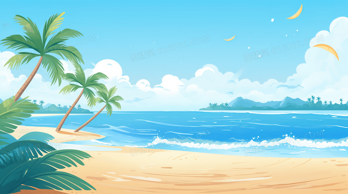 蓝色海洋阳光海滩风景插画