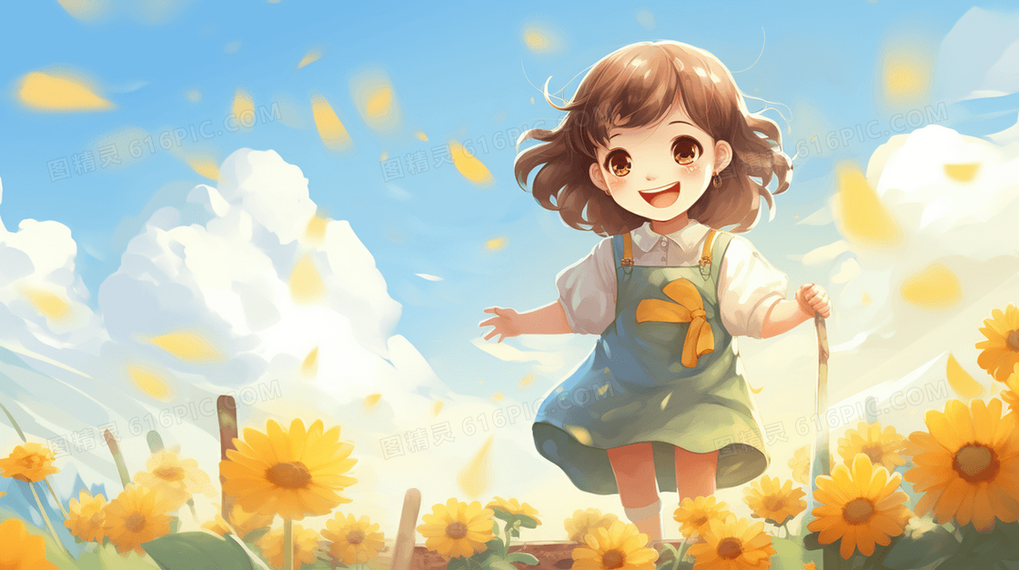 漫步在花丛中的小女孩插画