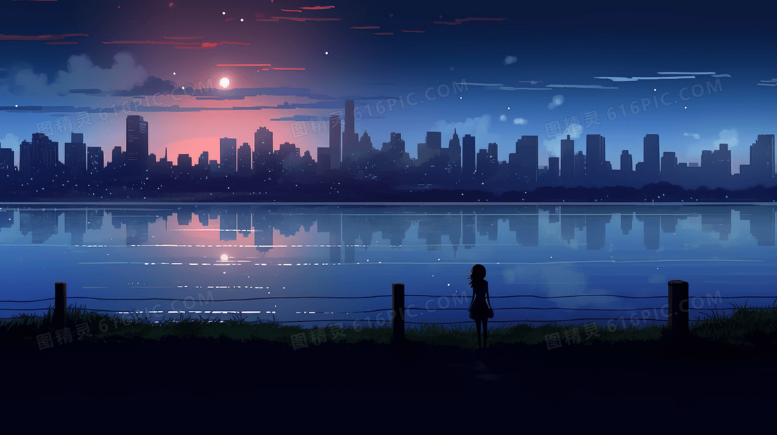夜晚城市边缘看月亮的人插画