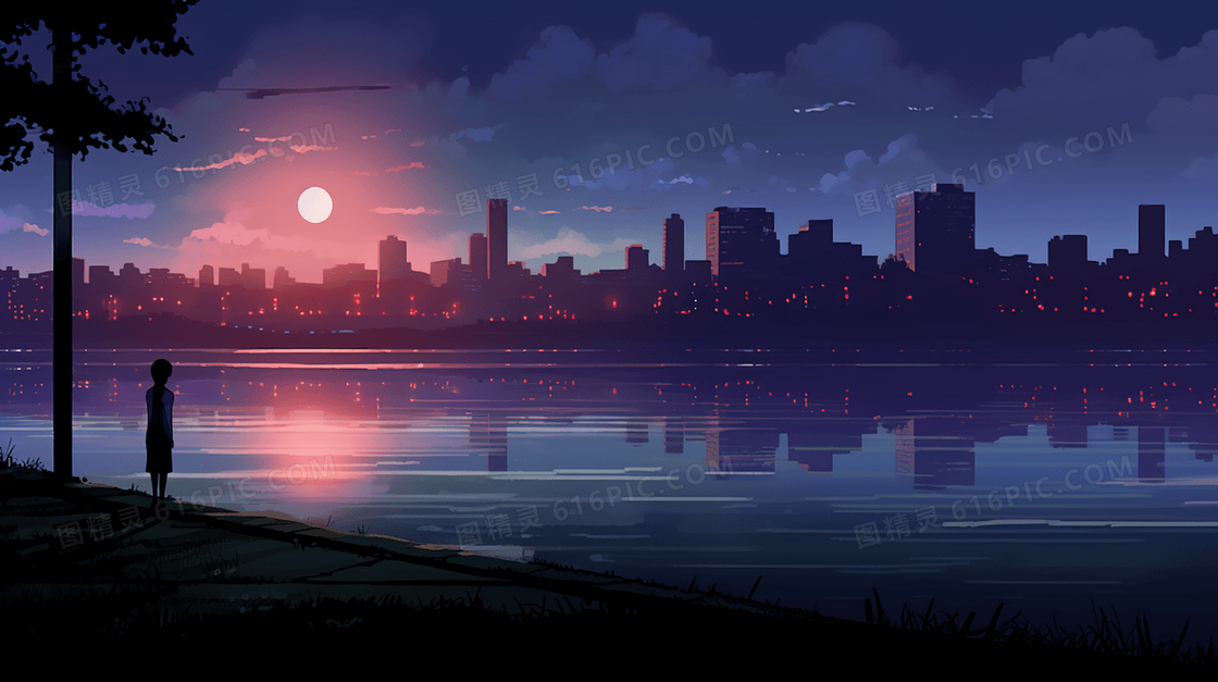 夜晚城市边缘看月亮的人插画
