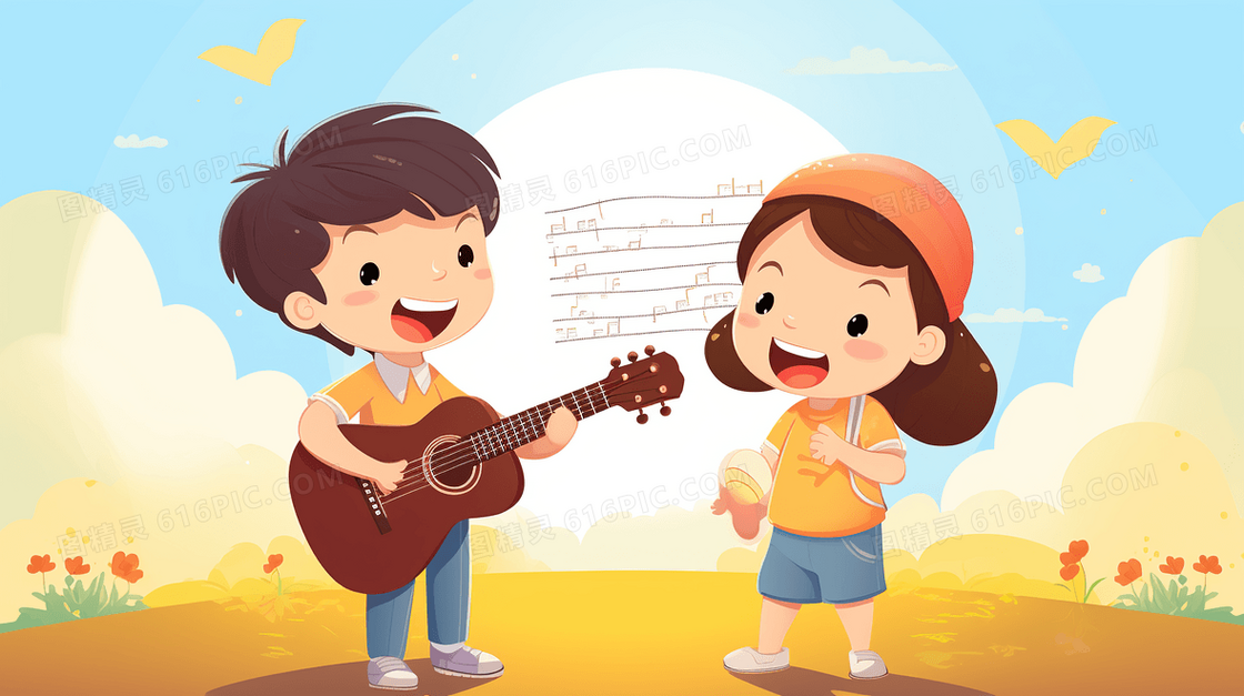 两个小孩在表演弹吉他唱歌插画