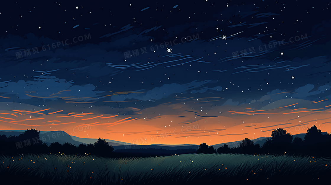 夜晚星空下的田野自然风光插画