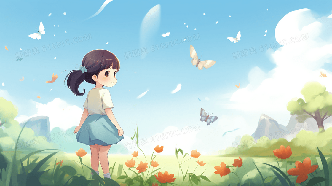 在花丛中玩耍的小女孩插画