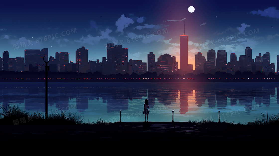 夜晚城市边缘看月亮的人插画