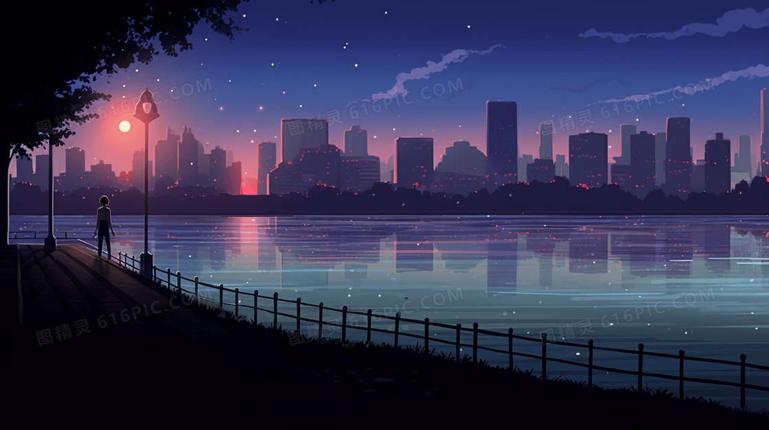 夜晚城市边缘看月亮的人插画