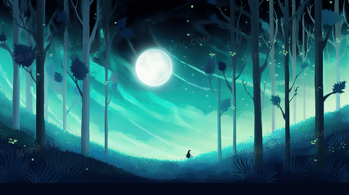 夜晚月光下的自然风景插画