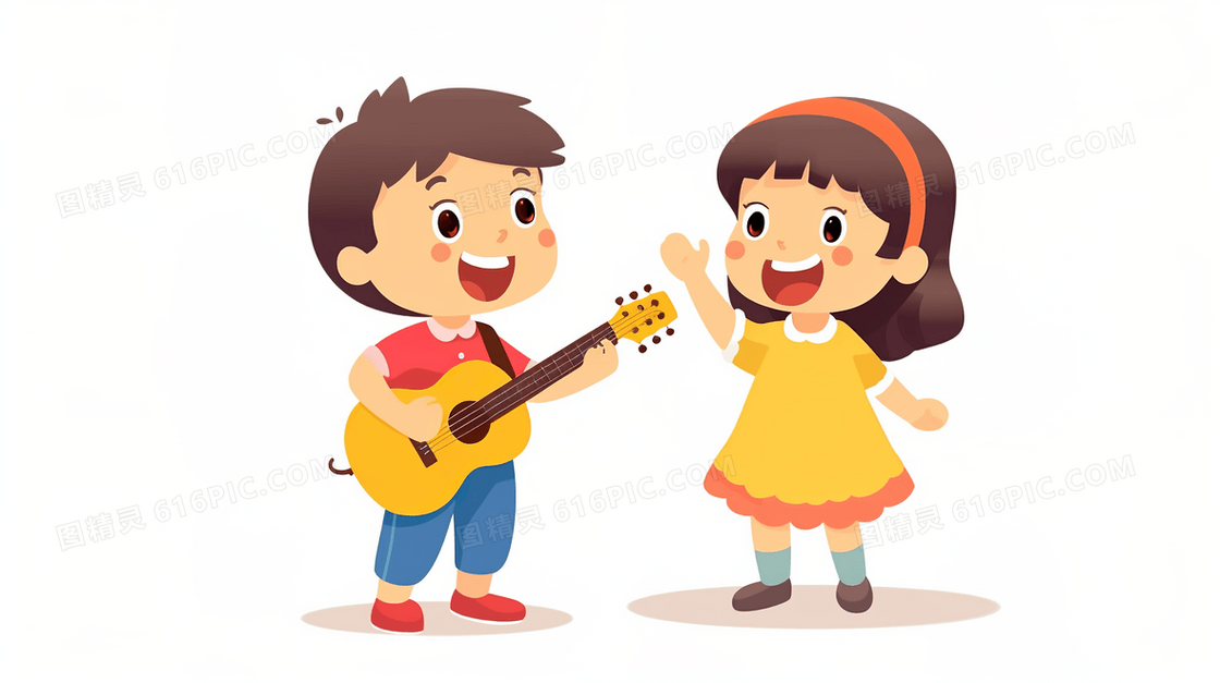 两个小孩在表演弹吉他唱歌插画