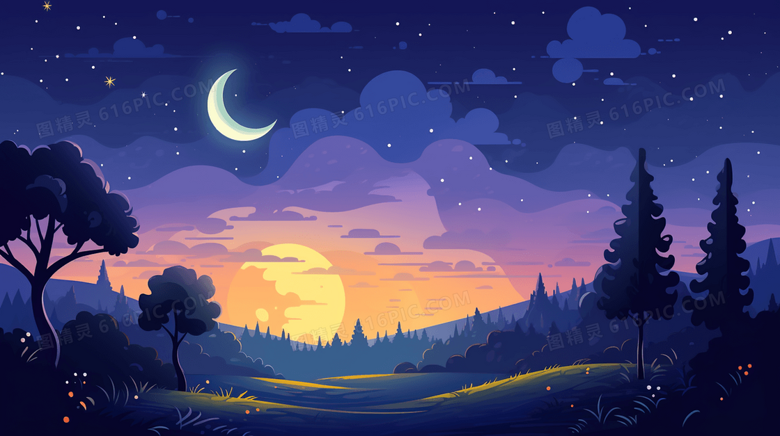 夜晚月光下的自然风景插画