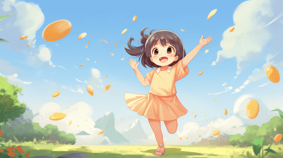 在花丛中玩耍的小女孩插画