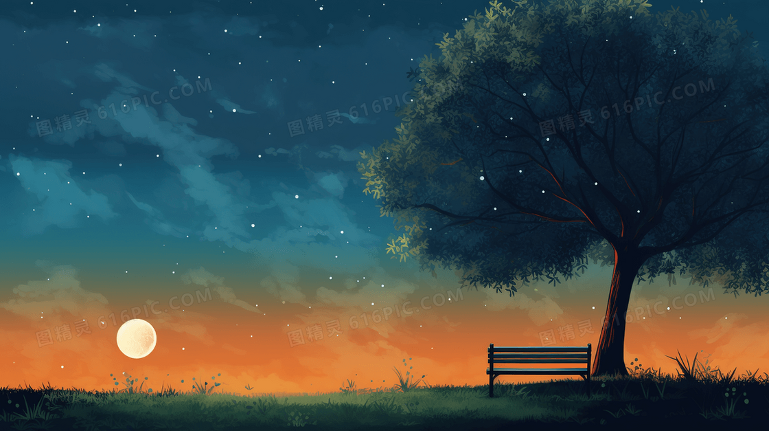 夜晚月光星空下的自然风景插画