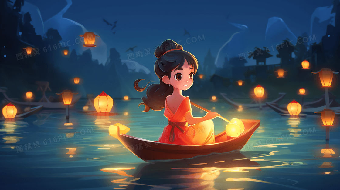 小船上放花灯祈福的小女孩插画