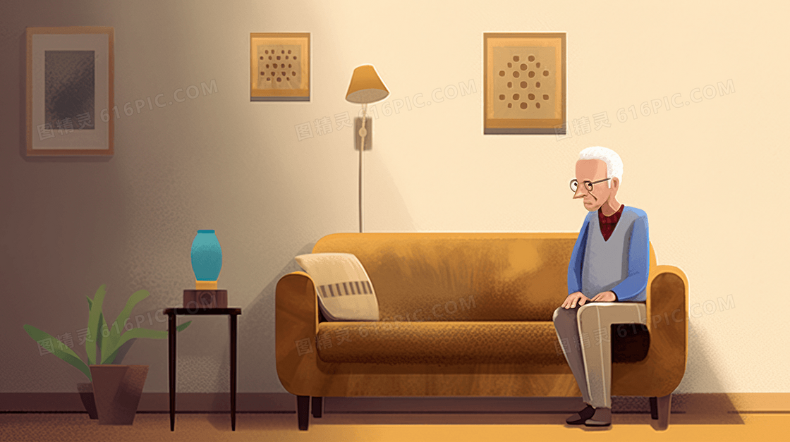 重阳节坐在沙发上的孤独老人插画